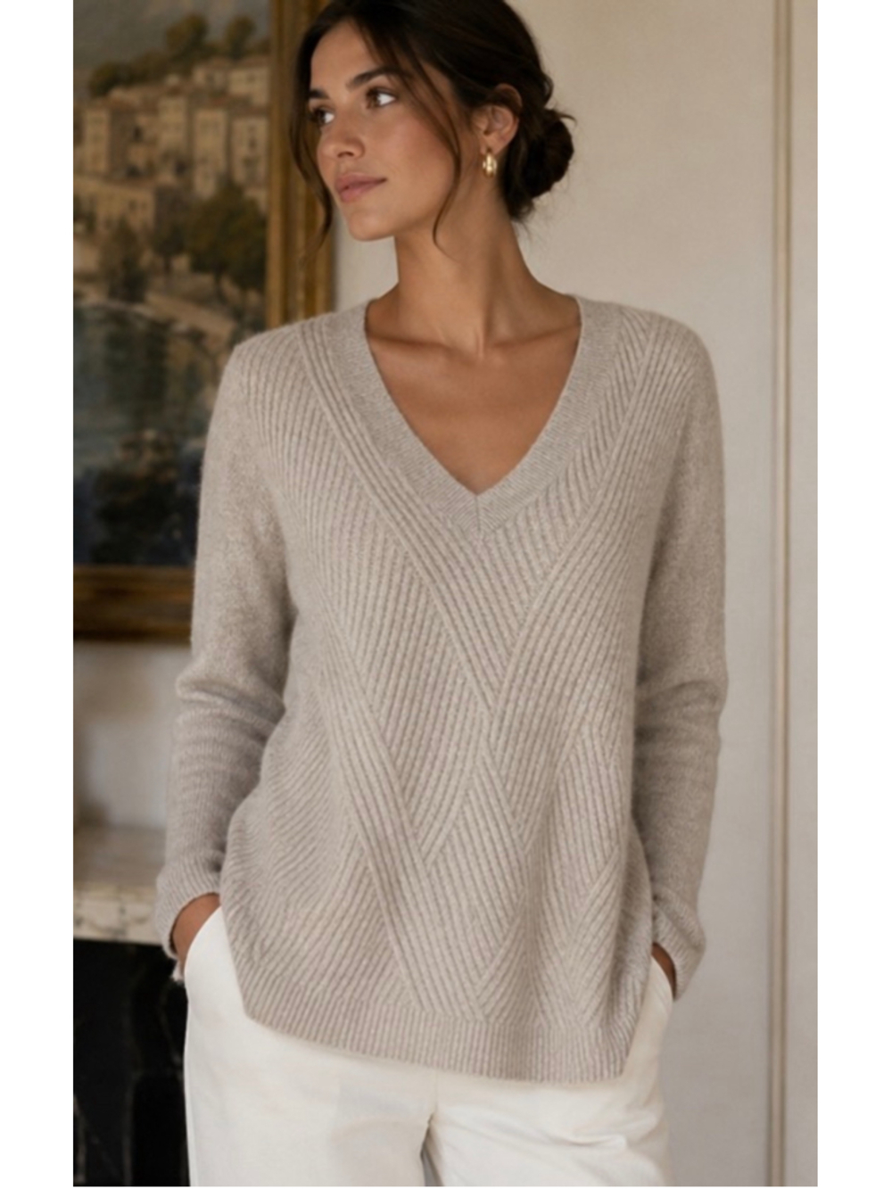 Wythe NY 100% Cashmere V-Neck Sweater Beige Size M New
